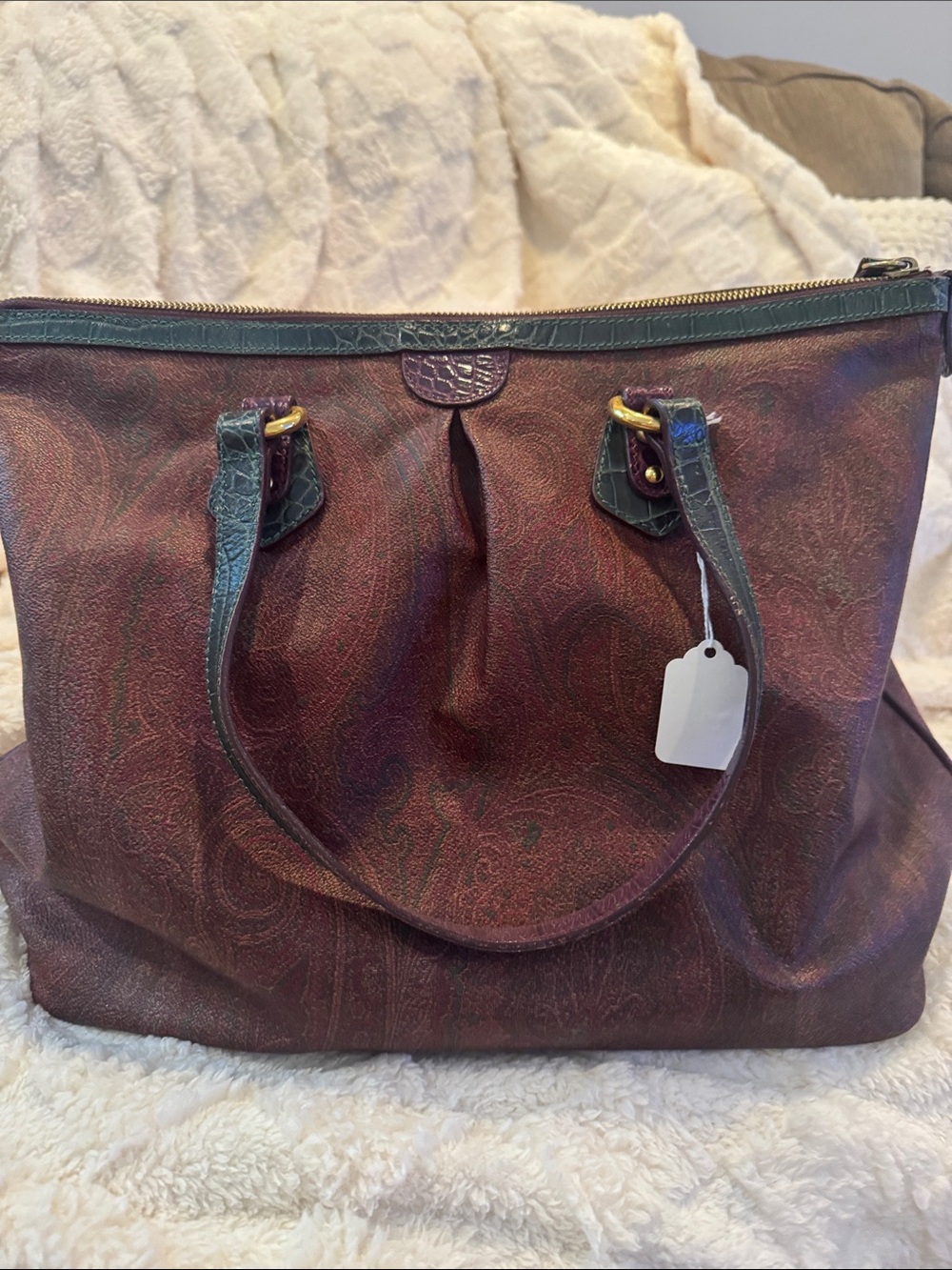 Etro Paisley Tote in Burgundy with Green Trim